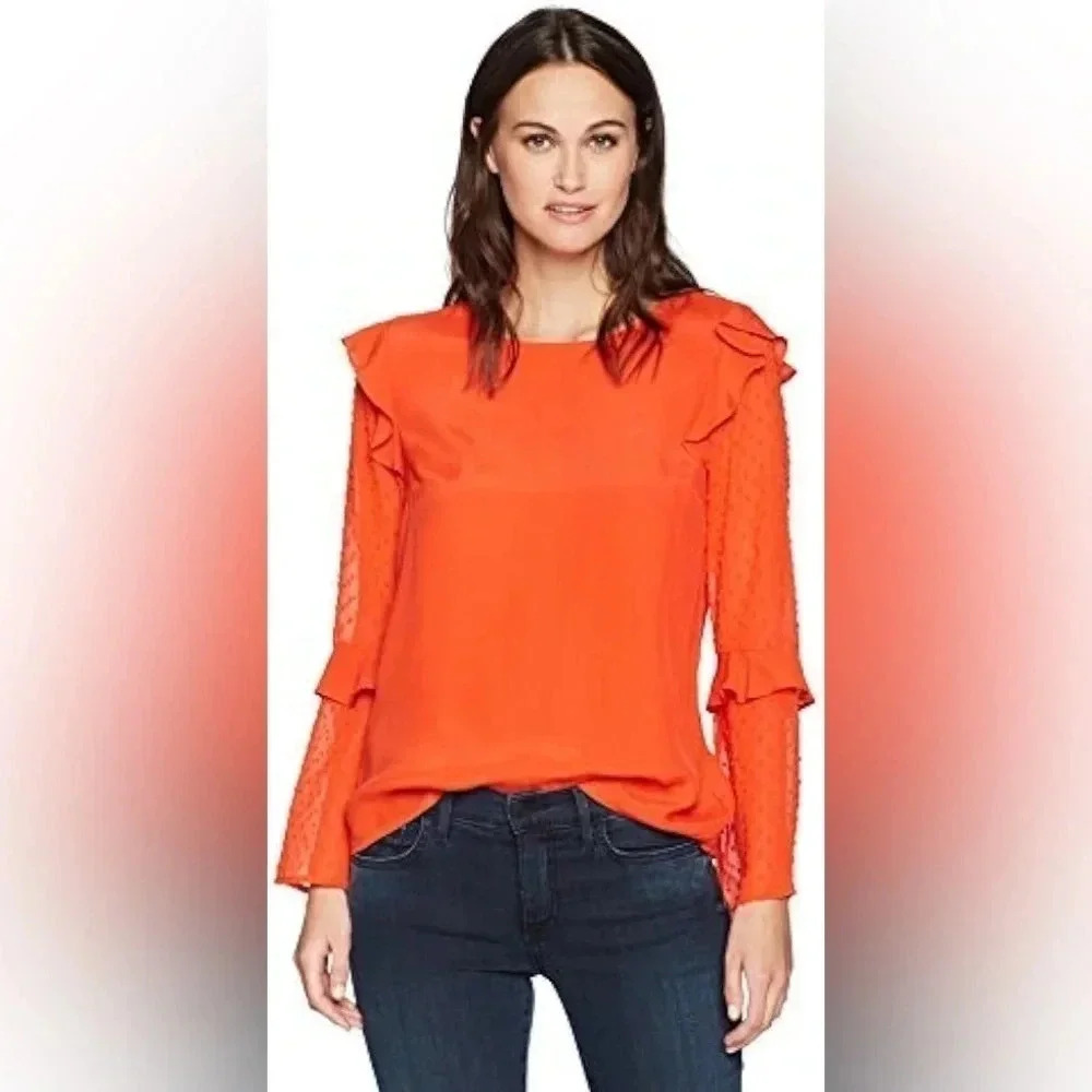 Nicole Miller New York | Ruffle Sheer Polka Dot Sleeves Red Blouse Size XS